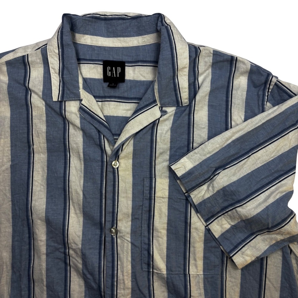 Gap Mens Blue White Striped Linen Blend Short Sleeve Camp Collar Shirt Large